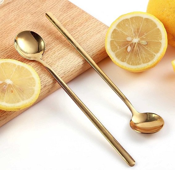 4 PCS 6.7 Inches Coffee Spoons, Stirring Spoons, Tea Spoons Long Handle, Gold Teaspoons, Gold Spoons, Ice Tea Spoons, Long Spoons for Stirring, Gold Espresso Spoons Stainless Steel